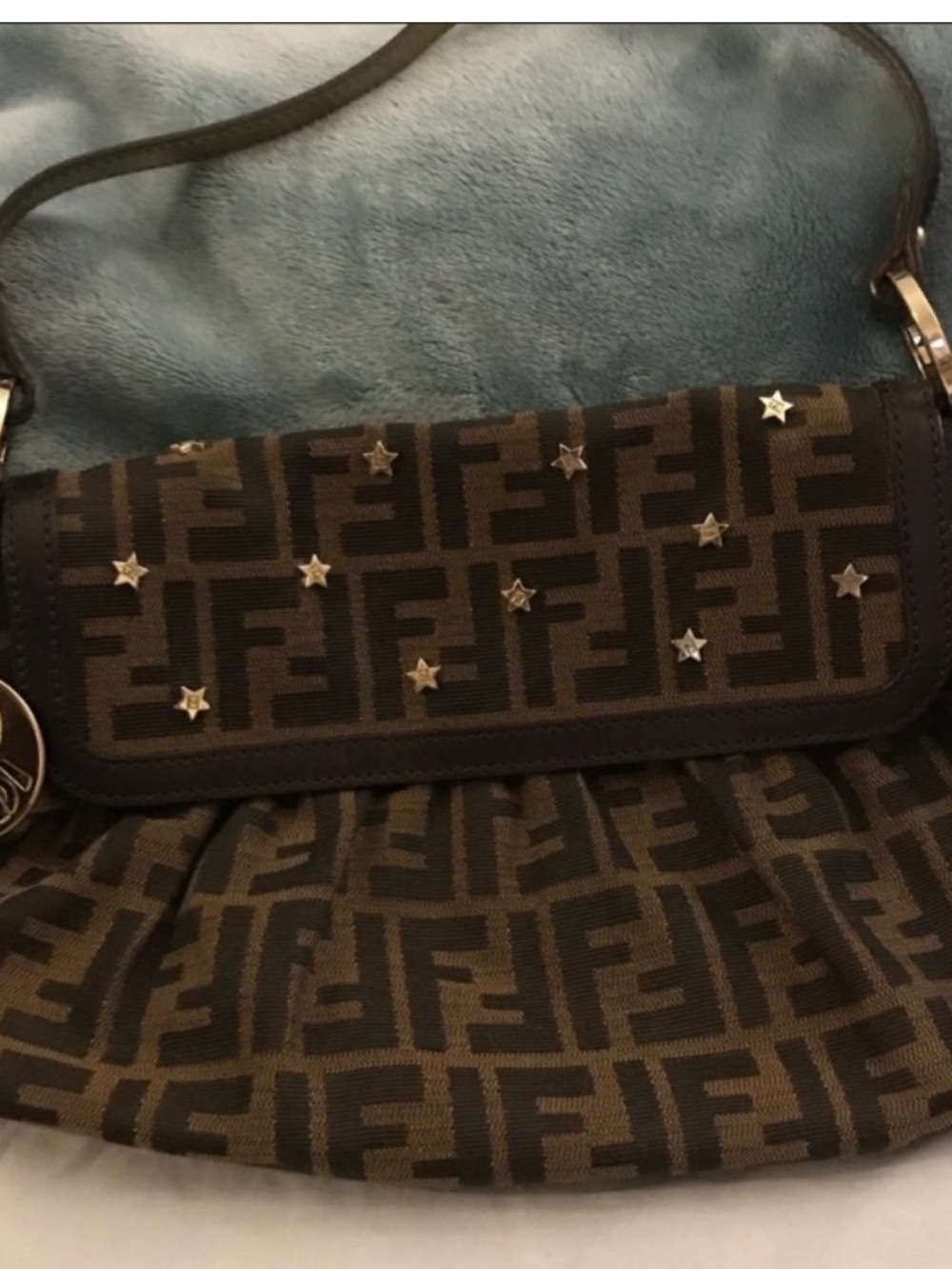 Authentic Fendi Brown Monogram Zucca Canvas Star-Stud Shoulder Bag - Picture 6 of 7